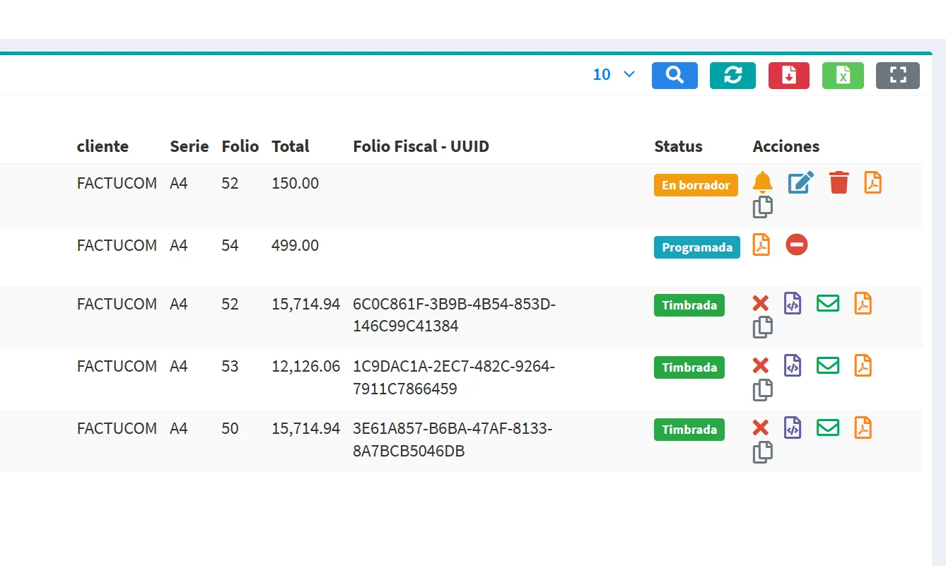 Panel para gestionar facturas programadas en Factucom