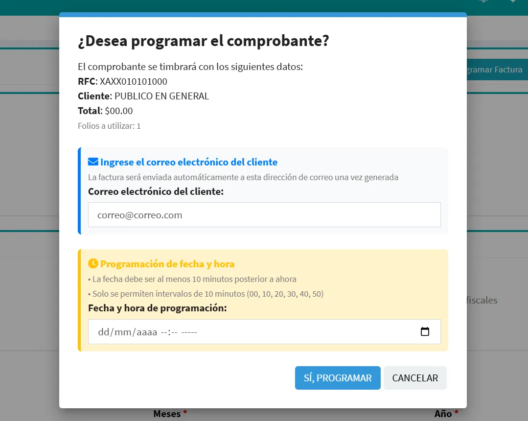Pantalla para programar una factura en Factucom