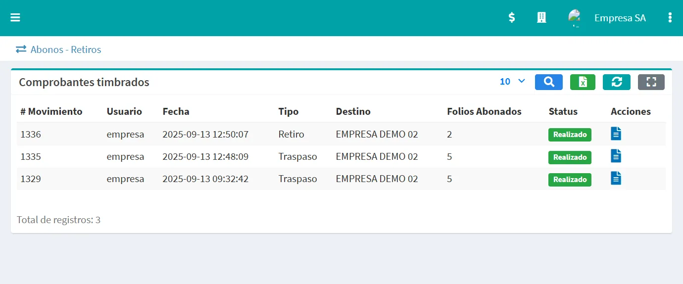 Movimientos de abonos y retiros entre sub-cuentas