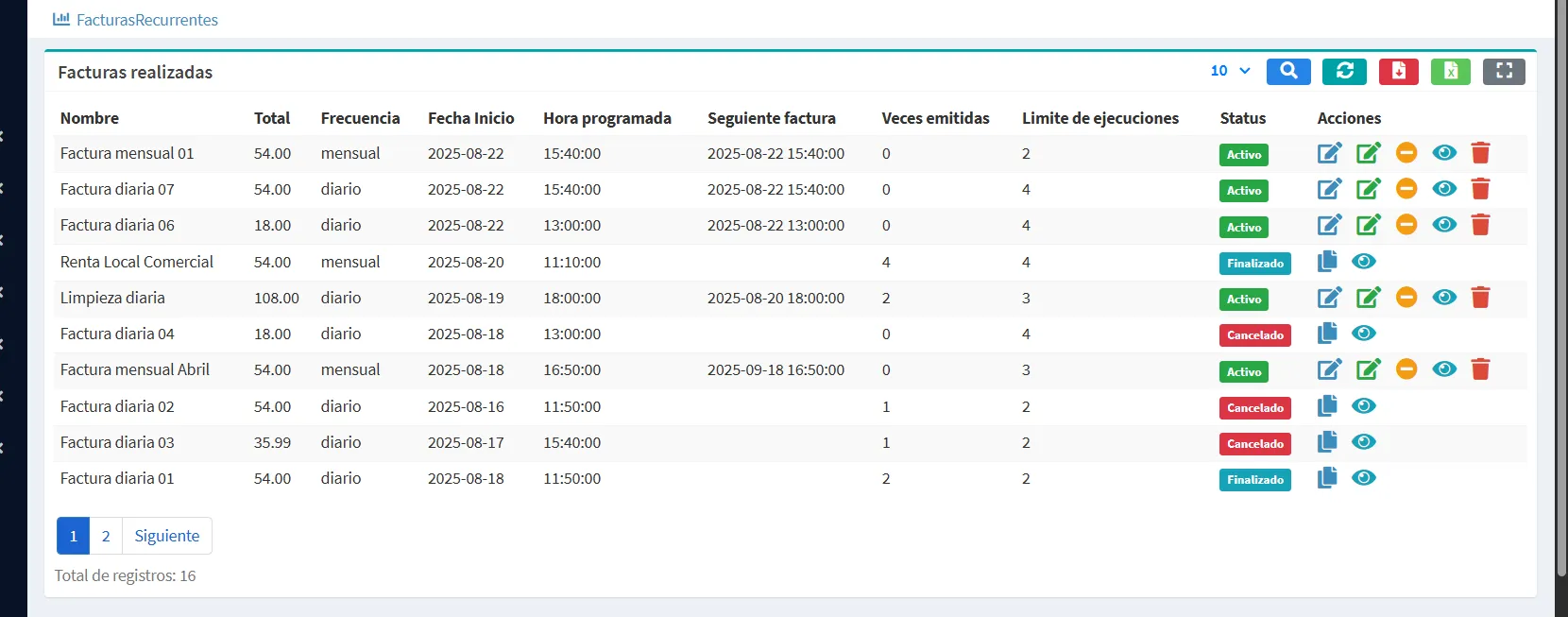 Listado de facturas recurrentes en Factucom