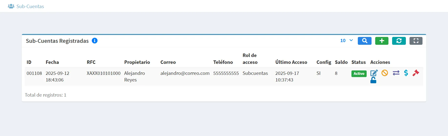 Panel de gestión de sub-cuentas en Factucom